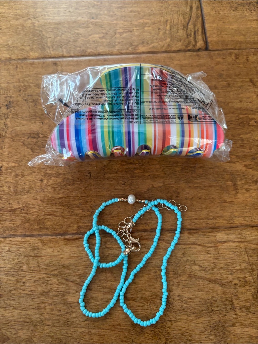 Rainbow Stripe Hair Claw Clip + Cheerful Beaded Necklace Duo New